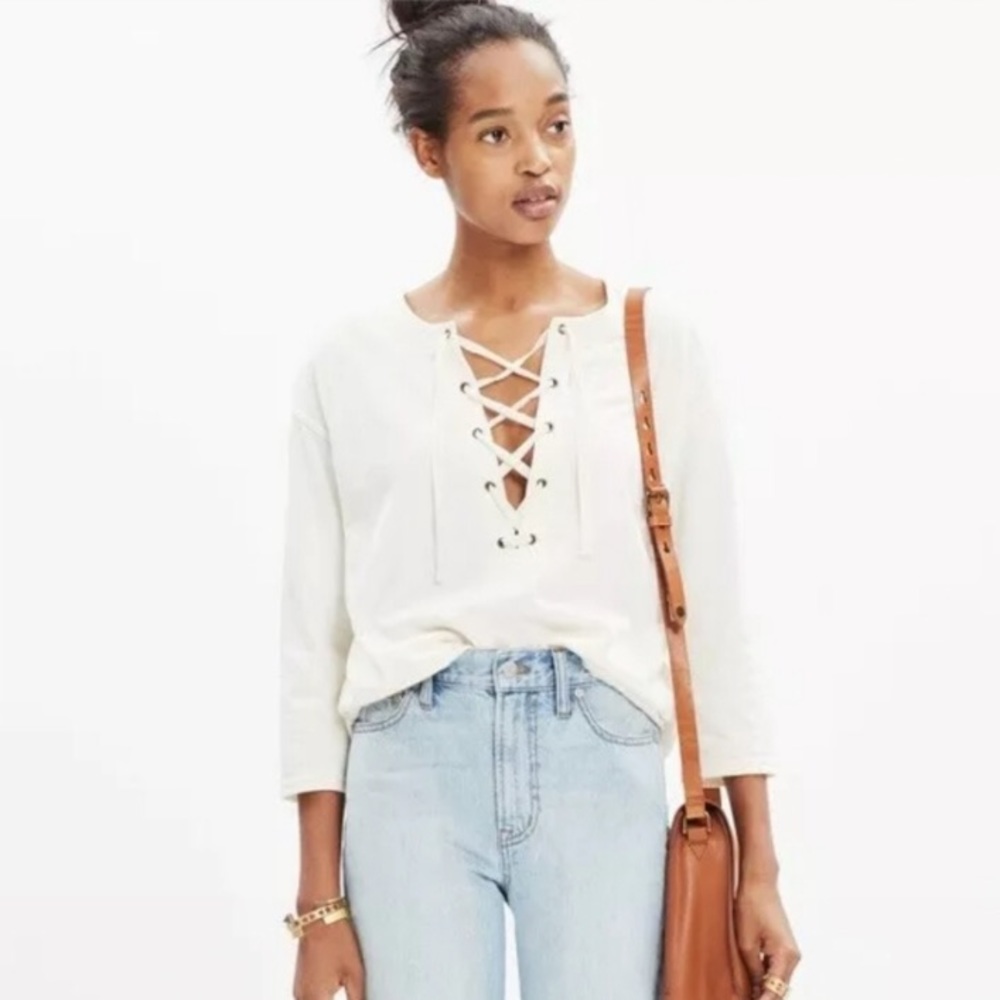 Madewell Libra Lace Up Ivory Tee - Picture 1 of 11